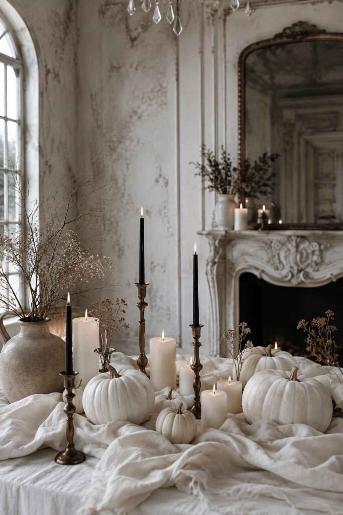 All-white Halloween table with Lumina pumpkins, ivory candles and linen