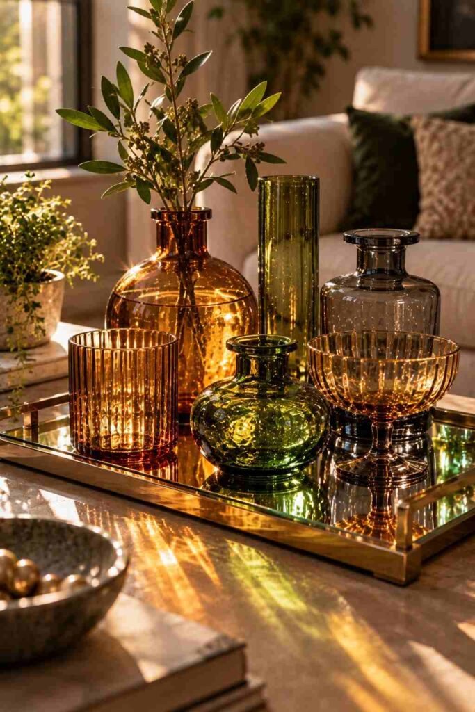 Amber, green and smoky gray glassware on a mirrored tray in sunlight.