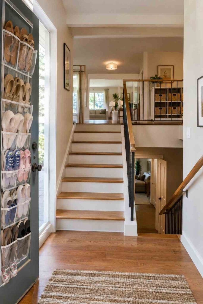 Stair wall hooks in a split level entry holding backpacks without blocking the steps.