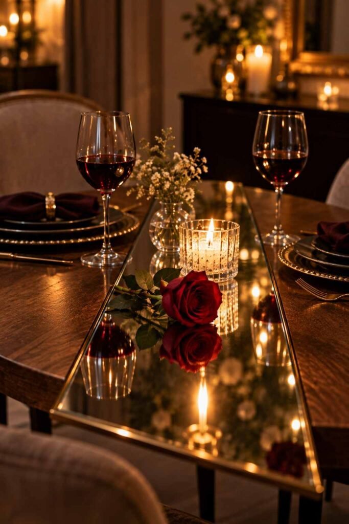 Candle, wine glasses and rose on a narrow mirror runner for a dinner for two.