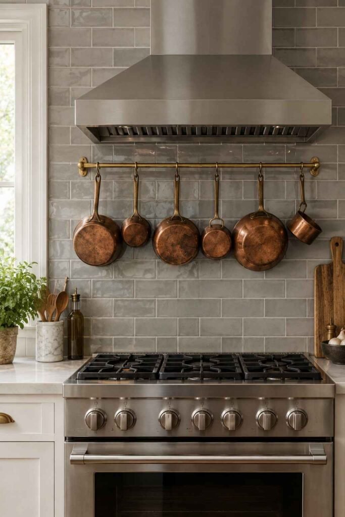 Antique copper pots hanging from a brass rail above a modern range
