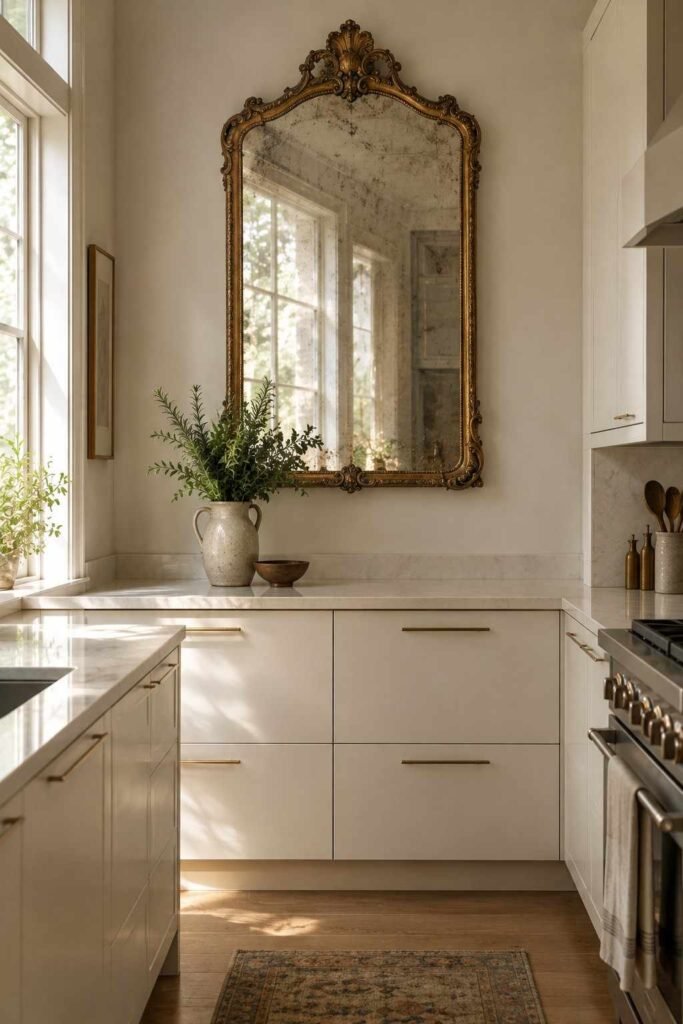 Antique foxed mirror reflecting light above a counter in a narrow modern kitchen