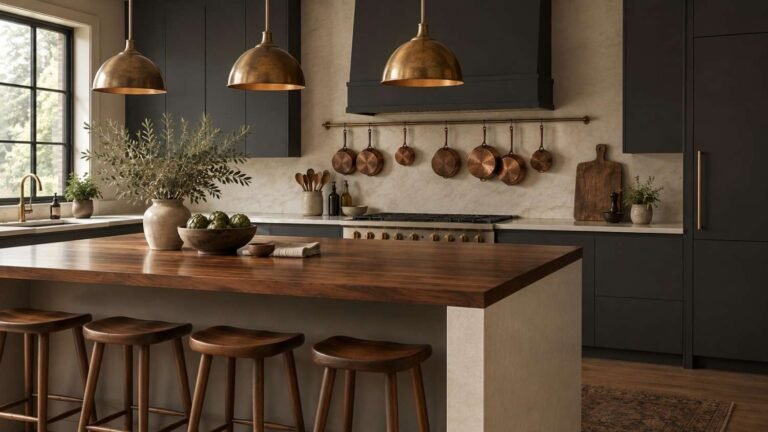 Antique Home Decor Ideas Modern Kitchen, Modern kitchen with antique brass pendants, copper pots and walnut board