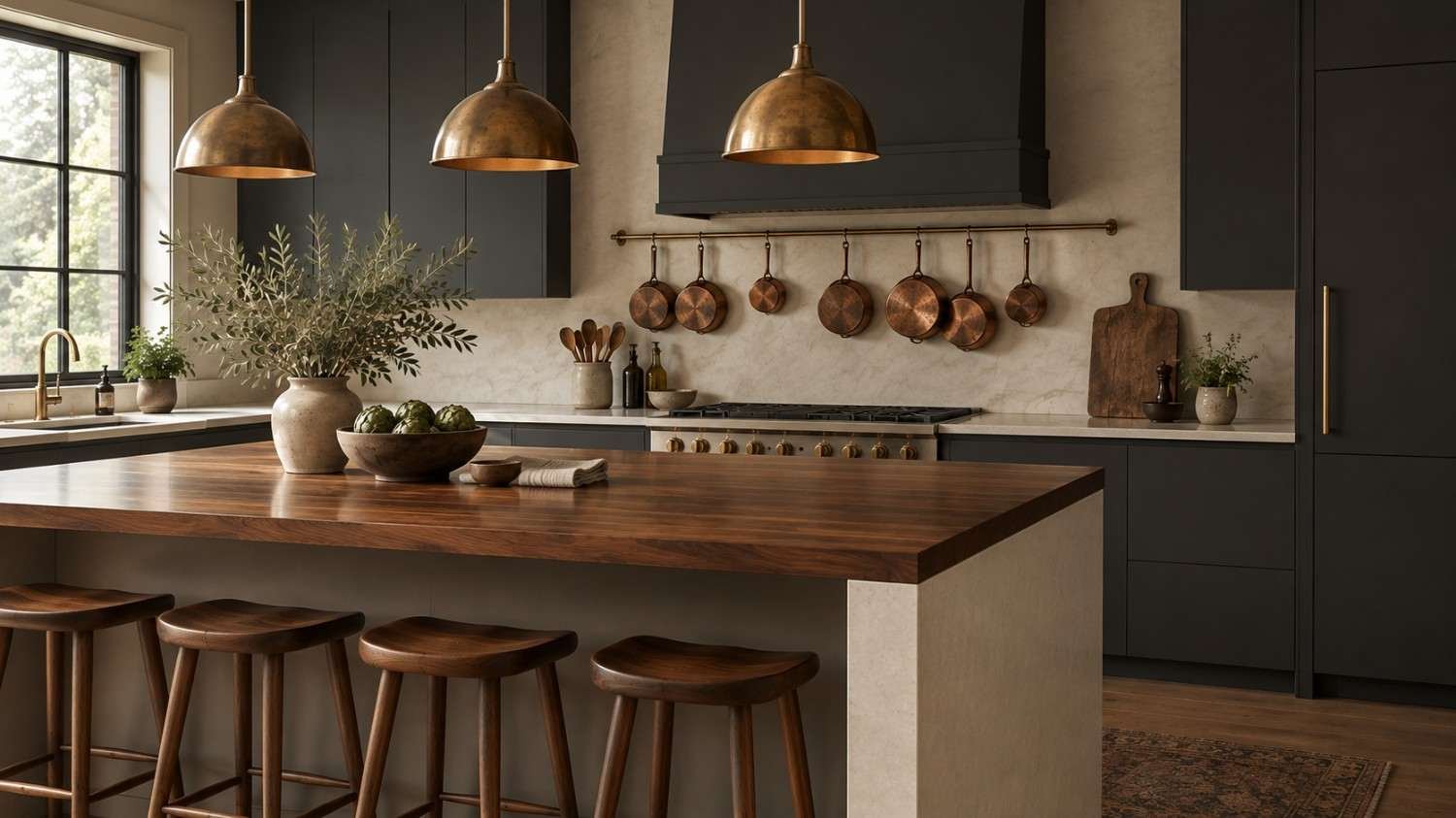 Antique Home Decor Ideas Modern Kitchen, Modern kitchen with antique brass pendants, copper pots and walnut board
