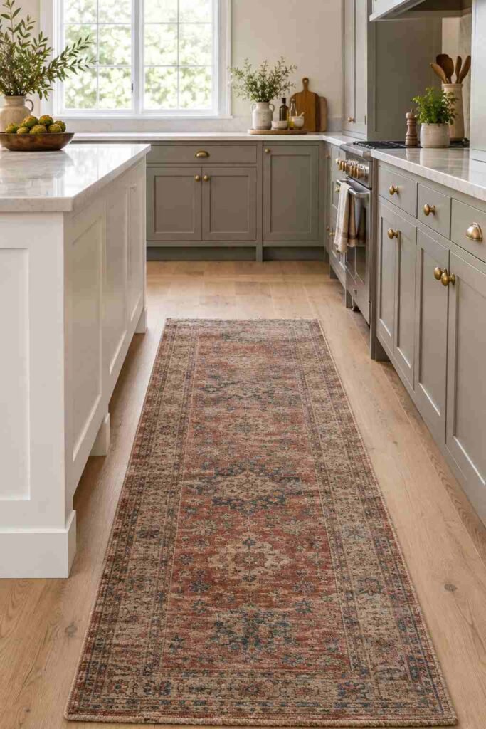 Faded antique Persian runner on the floor of a modern kitchen