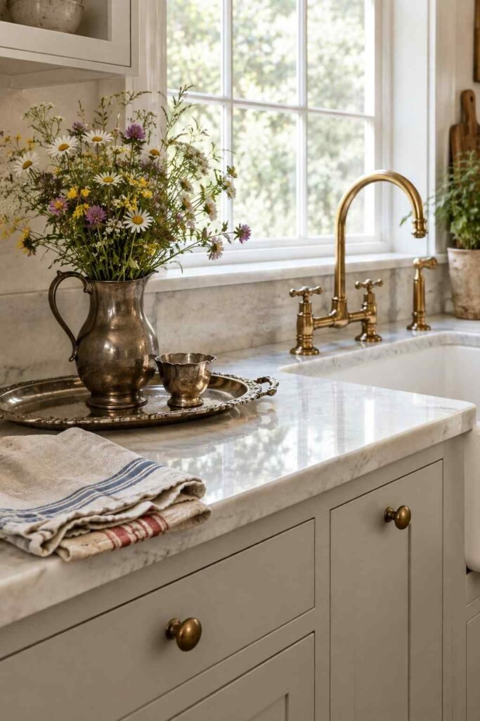 Antique silver tray, pewter pitcher with flowers and vintage linen towels on a kitchen counter