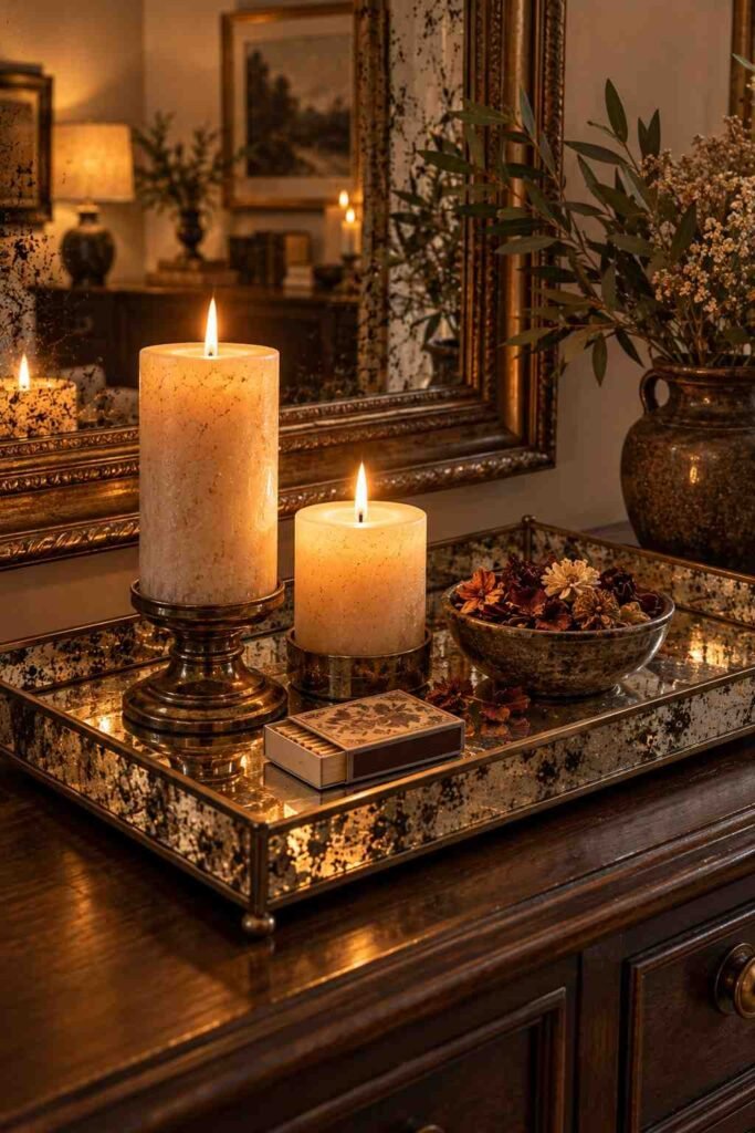 Antiqued mirror tray holding candles, matches, and potpourri on a dark wood sideboard.