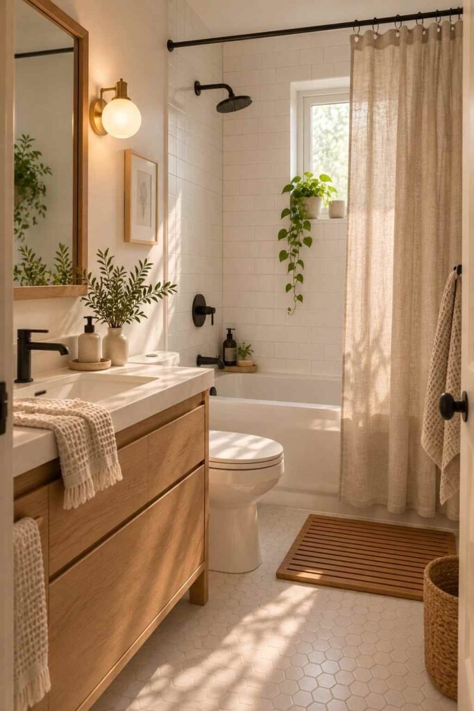Renter-friendly Scandinavian bathroom refresh with linen-look curtain and wood-framed mirror