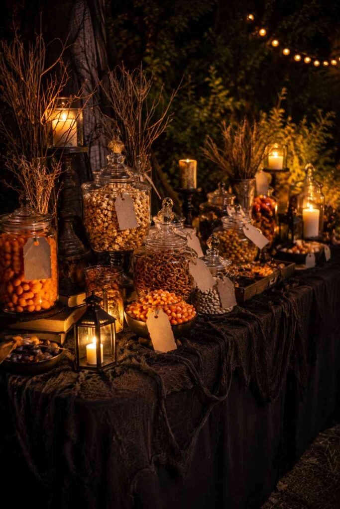 Outdoor party buffet with apothecary jars, candles, and dried branches on a dark tablecloth.