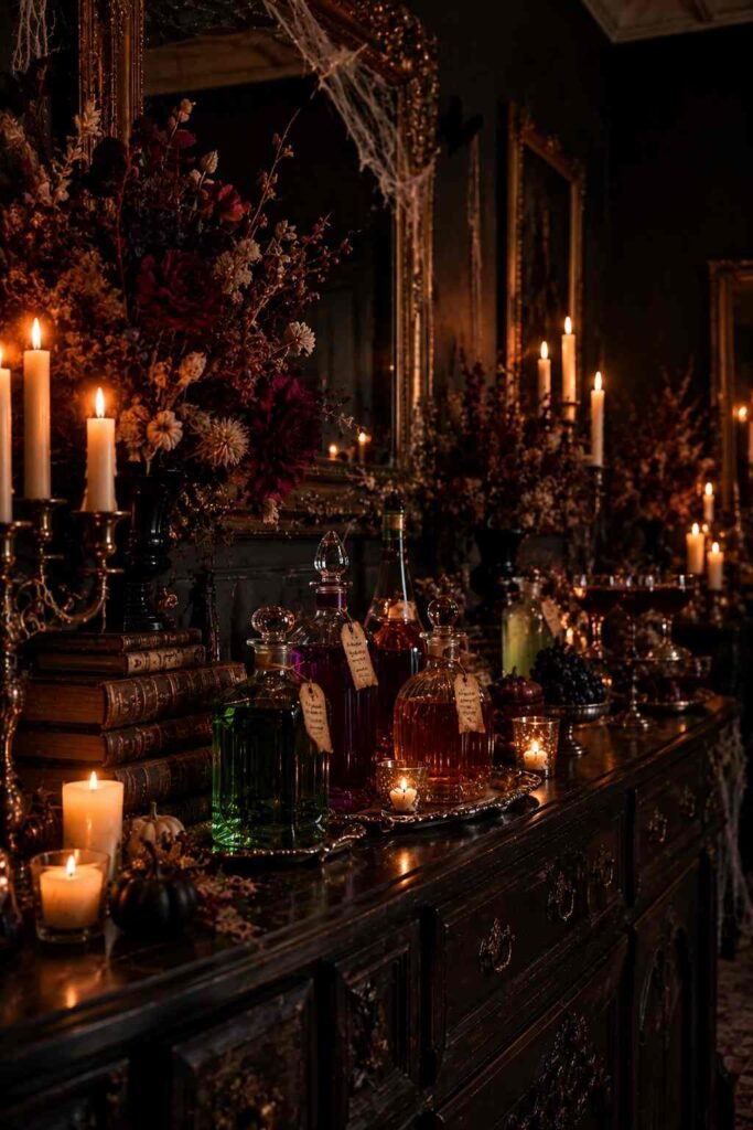 28 Halloween Party Decorations Indoor: Spooky Ideas That Transform Any Room 6 Apothecary-style Halloween drink bar with labeled bottles, dried flowers, and candles