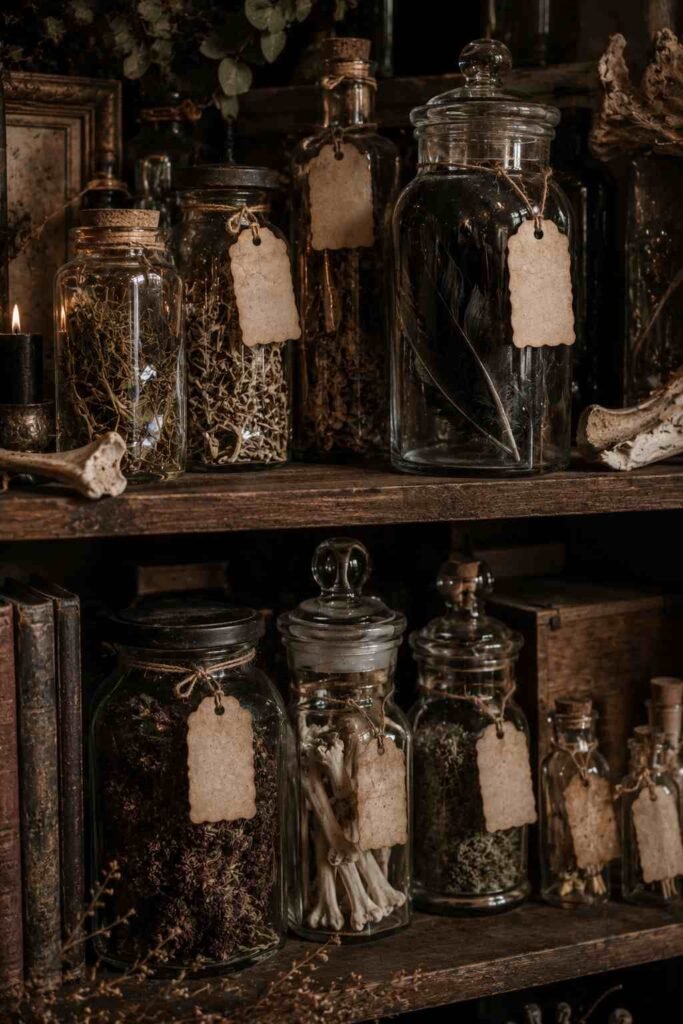 Glass apothecary jars with dried herbs, black feathers and aged labels on a shelf