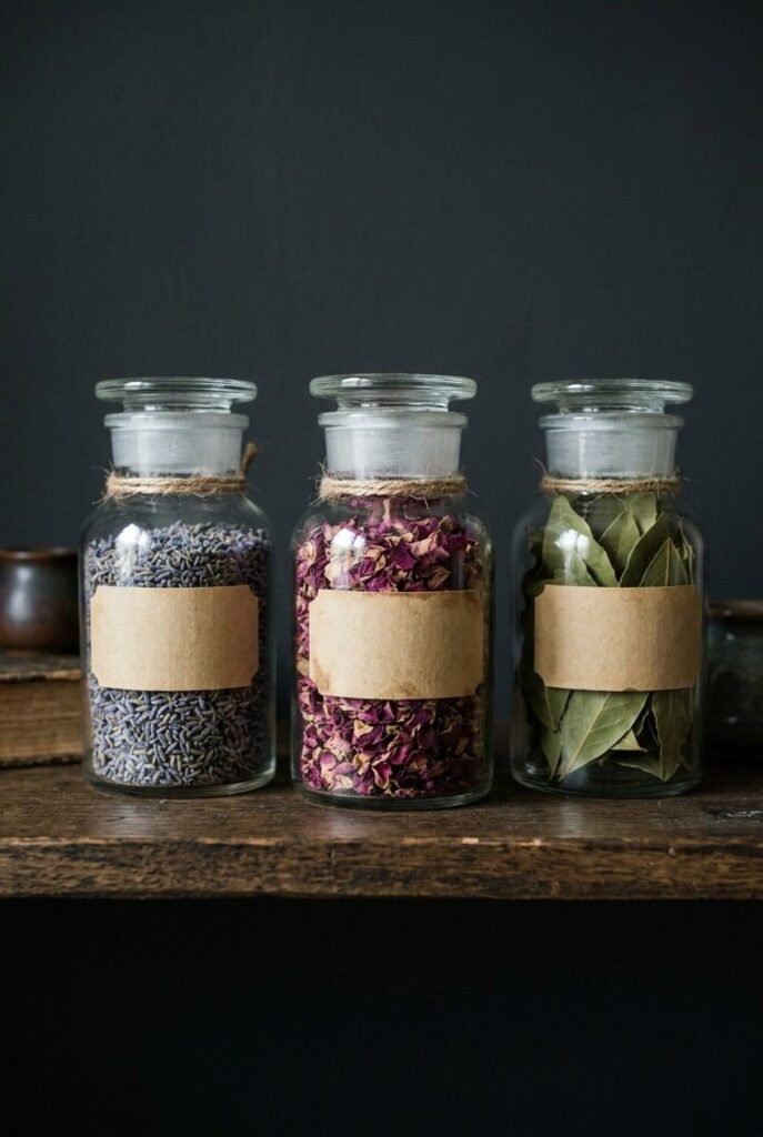 28 Modern Halloween Shelf Styling Ideas That Look Stylish, Not Scary: A Chic, Spooky Home 16 Glass apothecary jars with dried lavender, rose petals, and bay leaves for Halloween shelf decor.