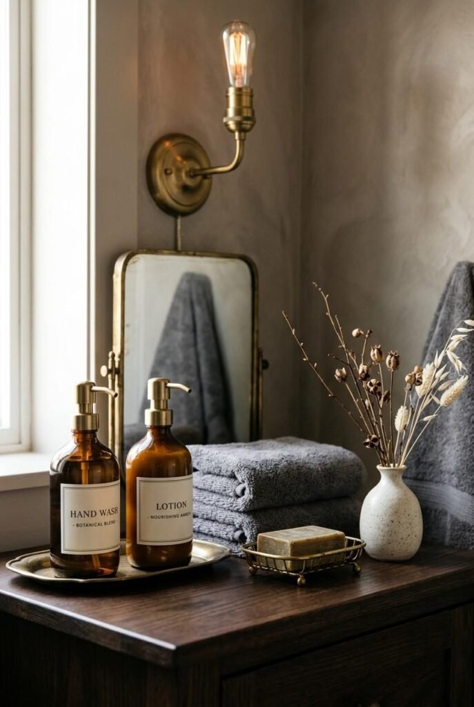 28 Classy Halloween Decor Ideas: Moody, Grown-Up for an Elegant, Stylish Home 12 Apothecary-style powder room with amber bottles and black towels for Halloween