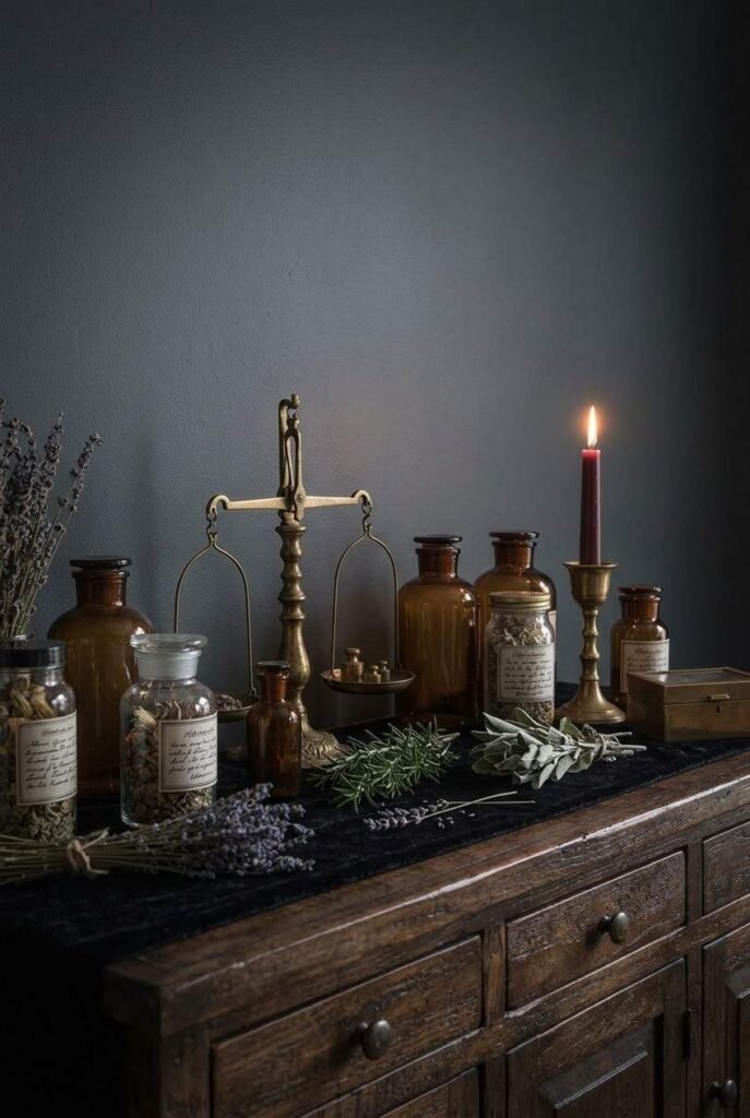 Luxury Halloween Dining Room Decor Ideas: 30 Ways to Style a Dark, Elegant Table 18 Apothecary-style sideboard with amber bottles and brass scales for Halloween