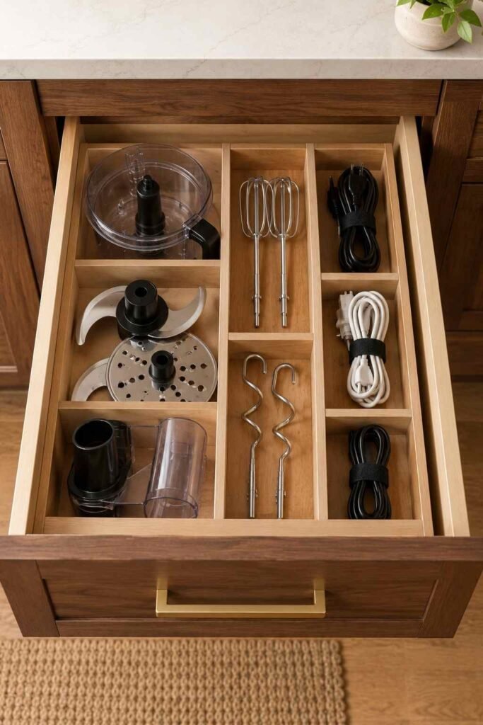 Drawer organizer with mixer beaters, blades and Velcro-wrapped appliance cords