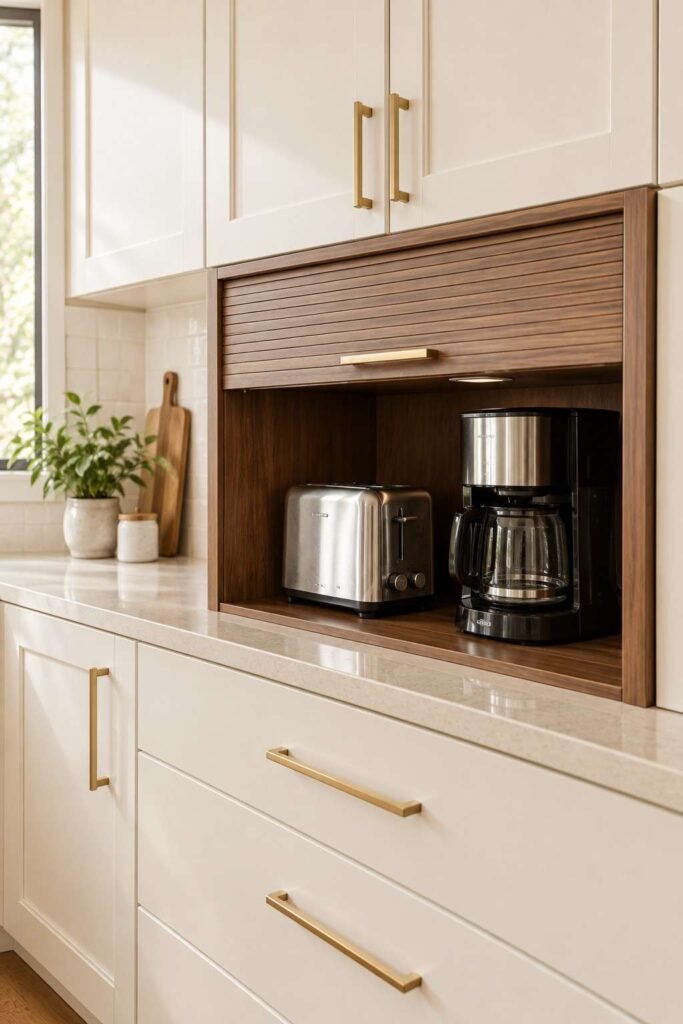 Appliance garage with roll-up door hiding a coffee maker and toaster