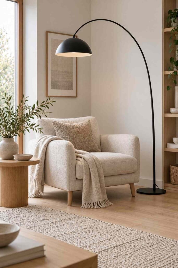 Matte black arc floor lamp over an armchair in a Nordic living room corner