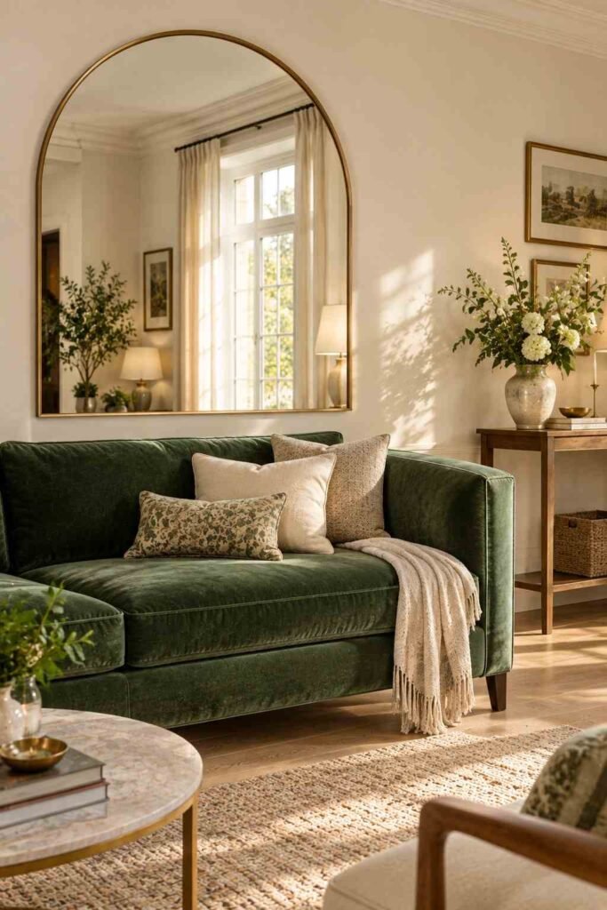 26 Glam Green Velvet Couch Living Room Design Ideas: Emerald, Sage and Olive 16 Large arched mirror hanging above a green velvet couch in a bright living room