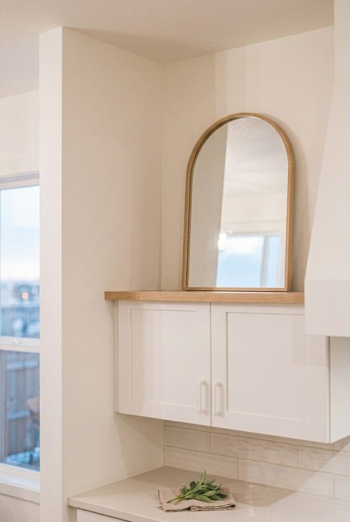 Slim arched mirror on top of kitchen cabinets reflecting window light.