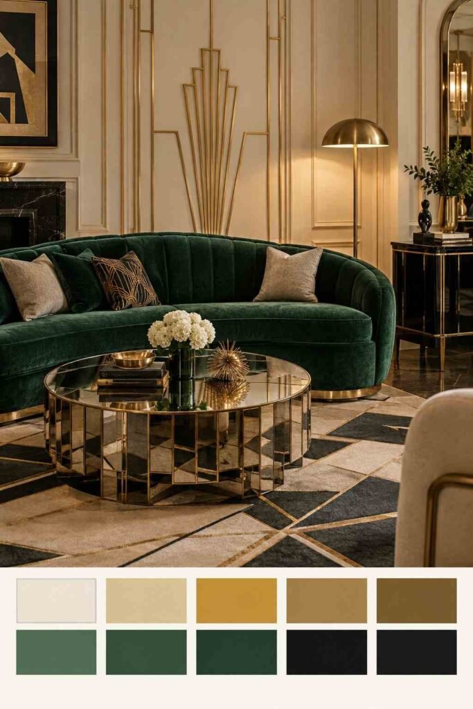 26 Glam Green Velvet Couch Living Room Design Ideas: Emerald, Sage and Olive 18 Art Deco emerald velvet sofa with gold details and black lacquer table, with a ten-color palette strip below