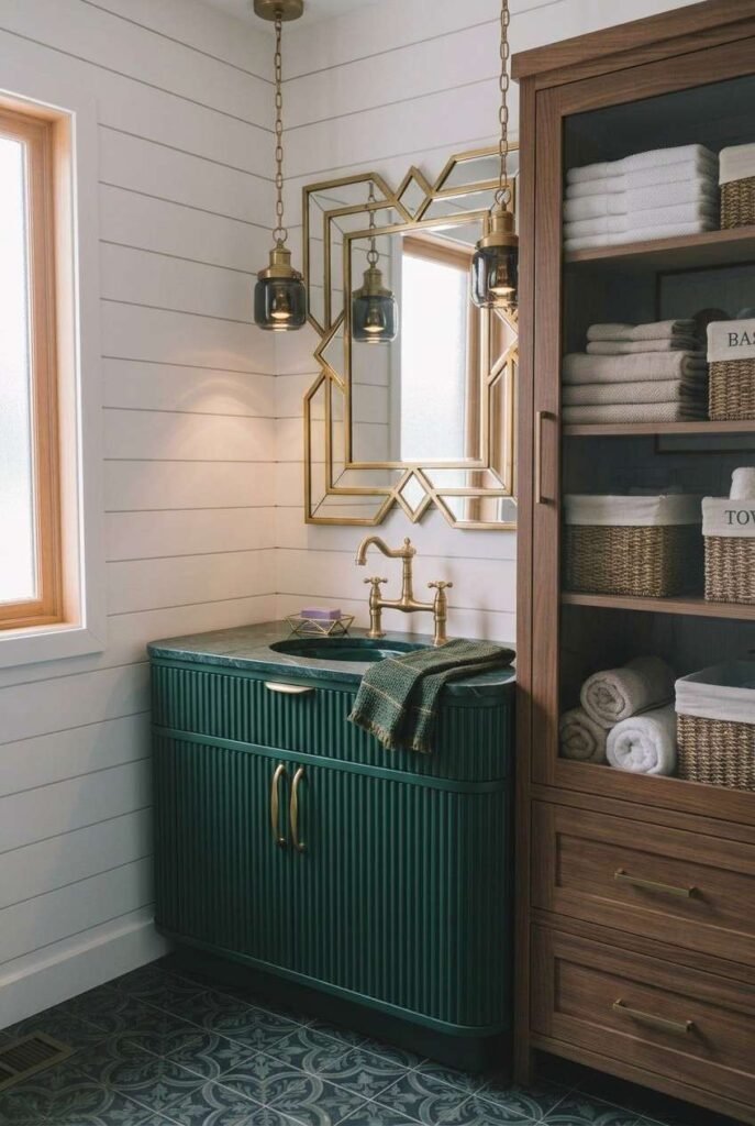 30 Bathroom Vanity Ideas: Single Sink for Small, Medium, and Large Spaces 17 Art Deco fluted single sink vanity with brass details and geometric mirror