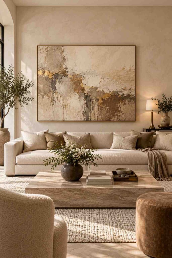 30 Luxury Wall Decor Ideas for Living Room Walls: Art, Texture, Mirrors & Lighting 2 Large framed painting hung above a linen sofa at about two-thirds of the sofa width.