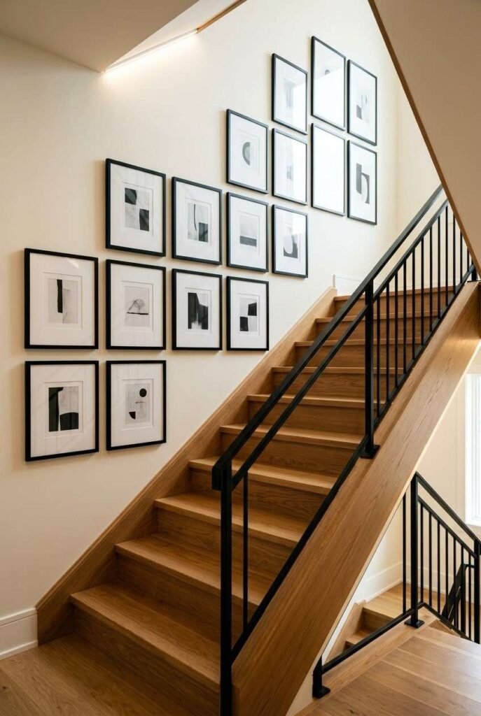 28 Stairs Wall Decor Ideas Modern Luxury Interiors Style Your Staircase Wall 3 Ascending grid of matching black frames following the rise of a staircase wall