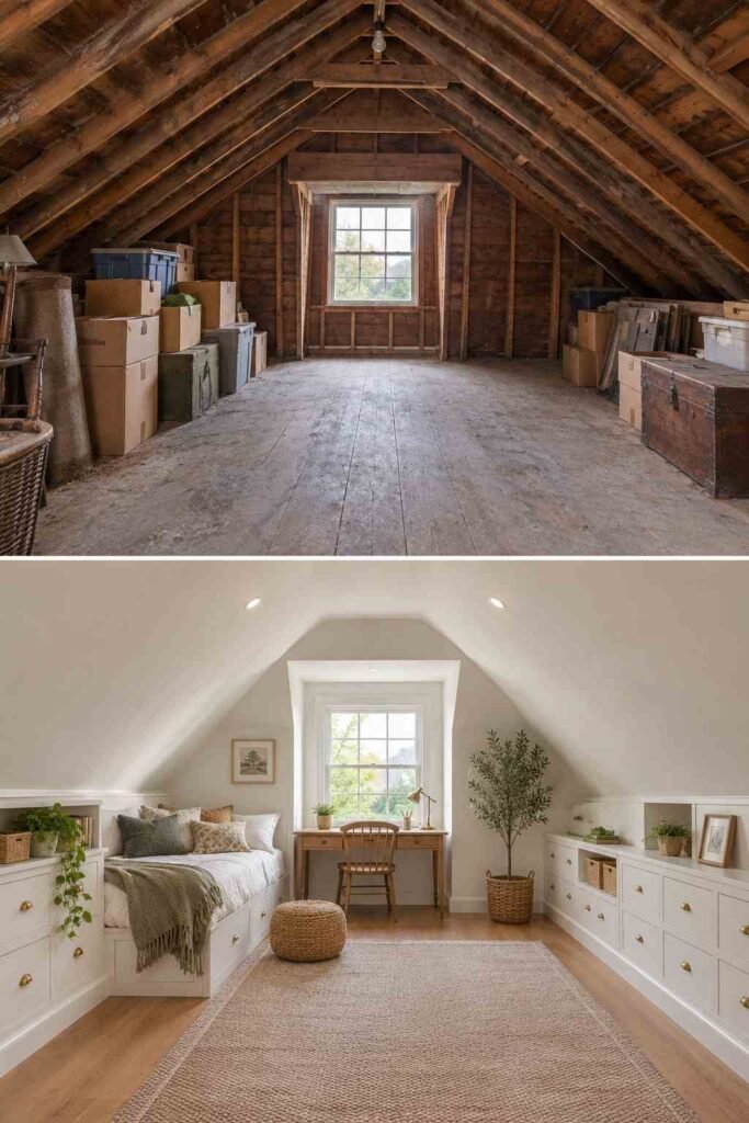 Home Remodeling Before and After: 28 Room-by-Room Transformations 19 Attic before and after conversion into a bright bedroom or office with a dormer window.