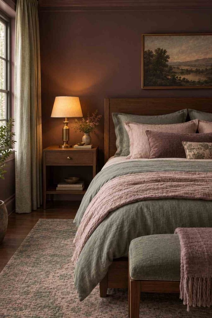 Muted aubergine bedroom wall with gray-green and dusty pink textiles.