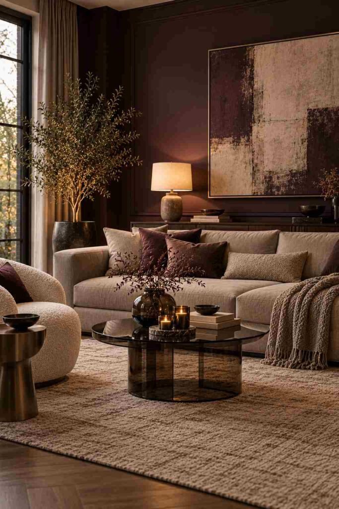 Aubergine feature wall in a modern living room with neutral sofa and smoked glass table