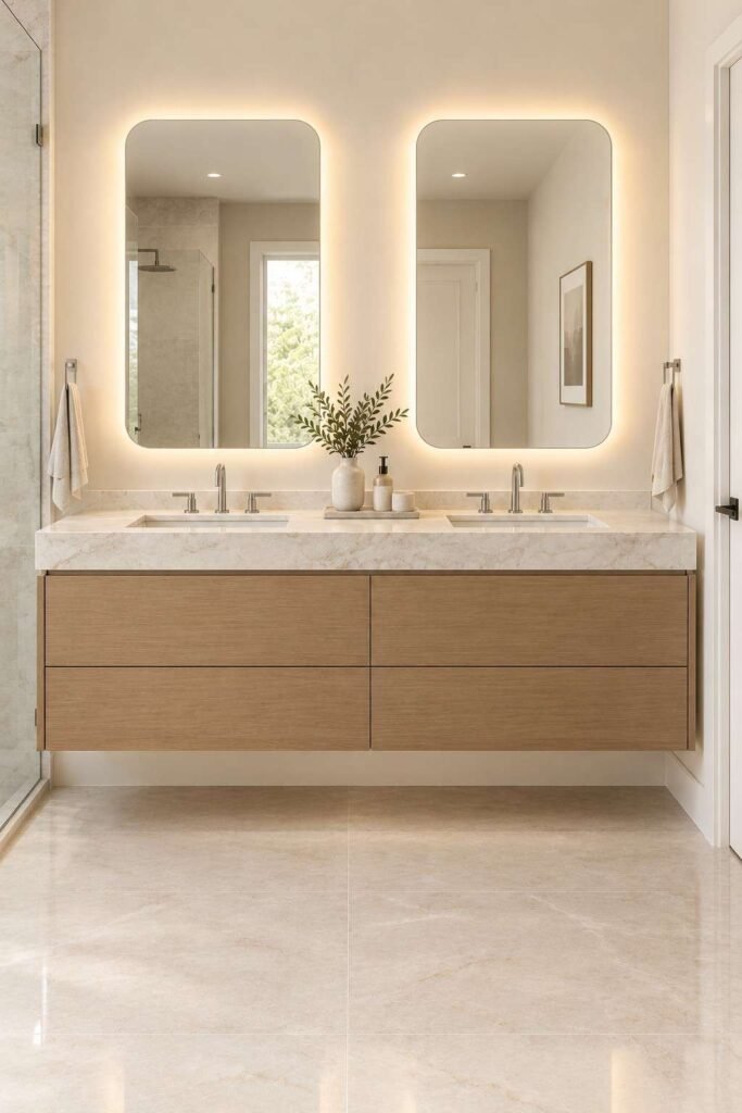 30 Bathroom Vanity Ideas For Double Sink Layouts for Every Style and Budget 7 Two backlit mirrors above a double sink vanity with warm, even lighting.