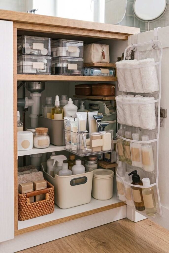 26 Bathroom Storage Ideas Under Sink for a Tidier, Roomier Vanity 17 Bin of spare toothpaste, razors, and soap inside a sink cabinet