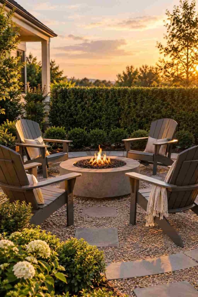 Backyard gas fire pit surrounded by four Adirondack chairs