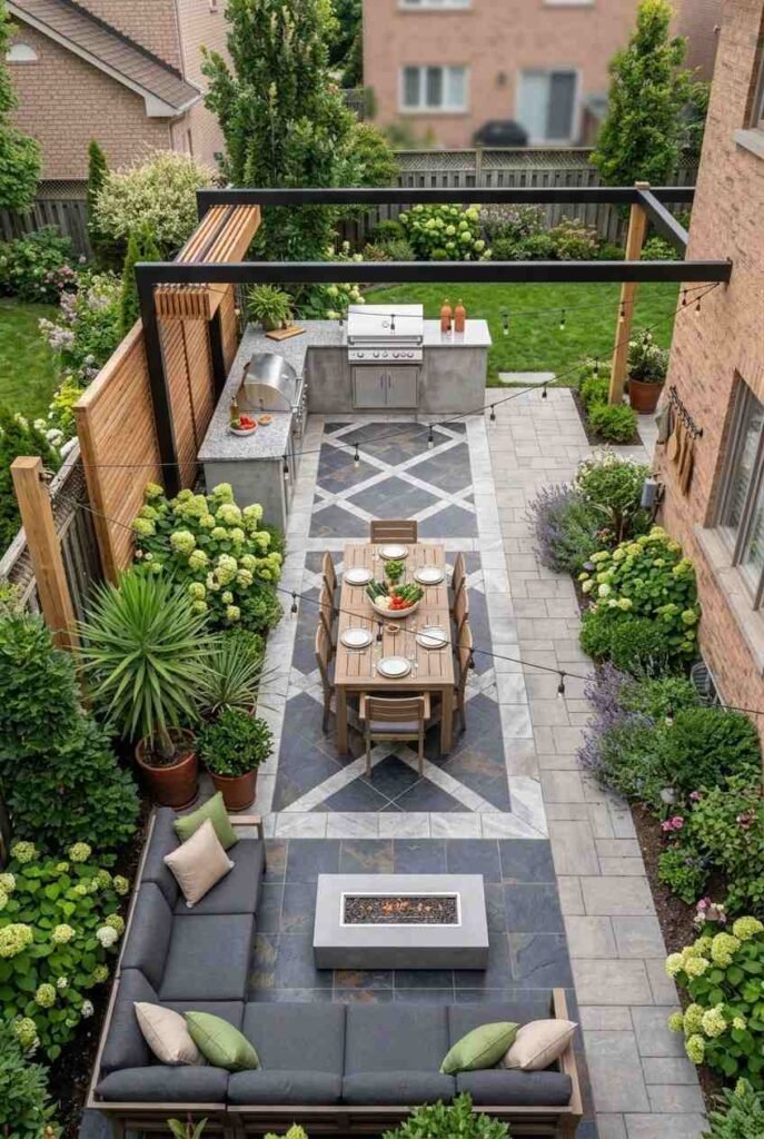 Aerial view of a backyard patio layout with separate grill, dining, and lounge zones.
