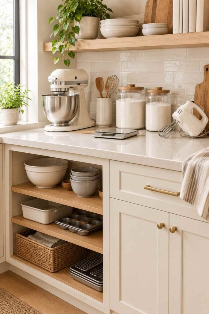 Kitchen baking zone with stand mixer, scale and flour canisters grouped together