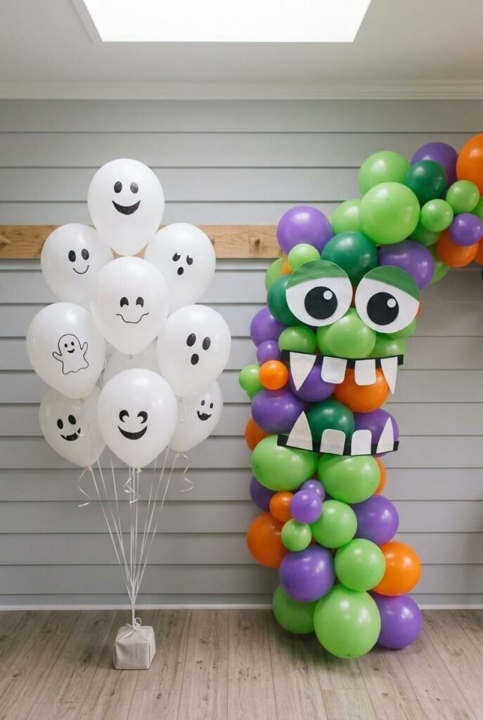 White ghost balloons and a monster balloon arch decorating a kids’ Halloween party entrance.