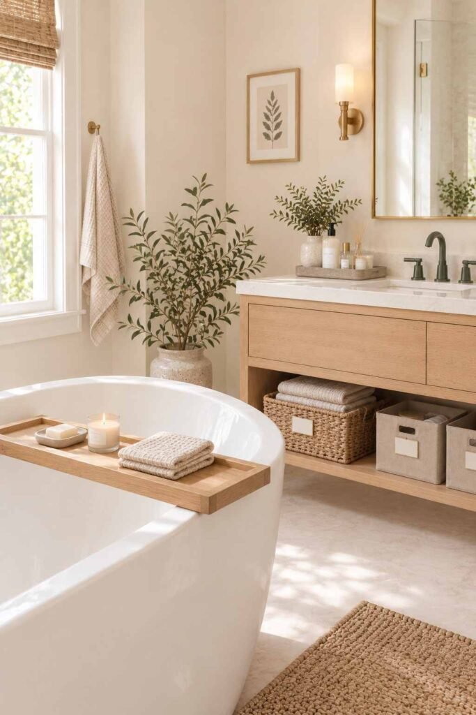 Bathroom Storage Ideas for Toiletries: 30 Smart Ways to Organize Every Space 15 Wooden bath tray across a tub holding soap, a candle, and a washcloth