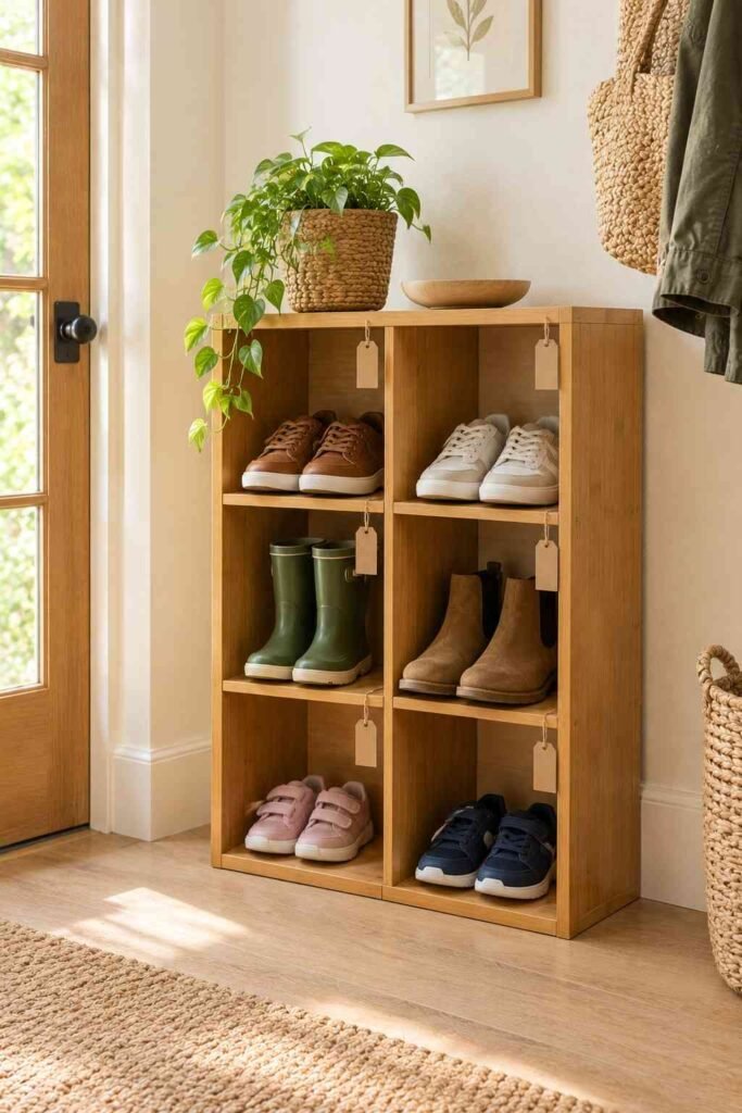 28 Beautiful Bamboo Entryway Storage Ideas for a Tidy, Natural Home 7 Bamboo cubby shelving with a shoe slot for each family member and small blank tags