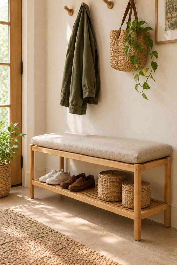 28 Beautiful Bamboo Entryway Storage Ideas for a Tidy, Natural Home 9 Bamboo entryway bench with cushion, lower shoe shelf, and small baskets for loose items