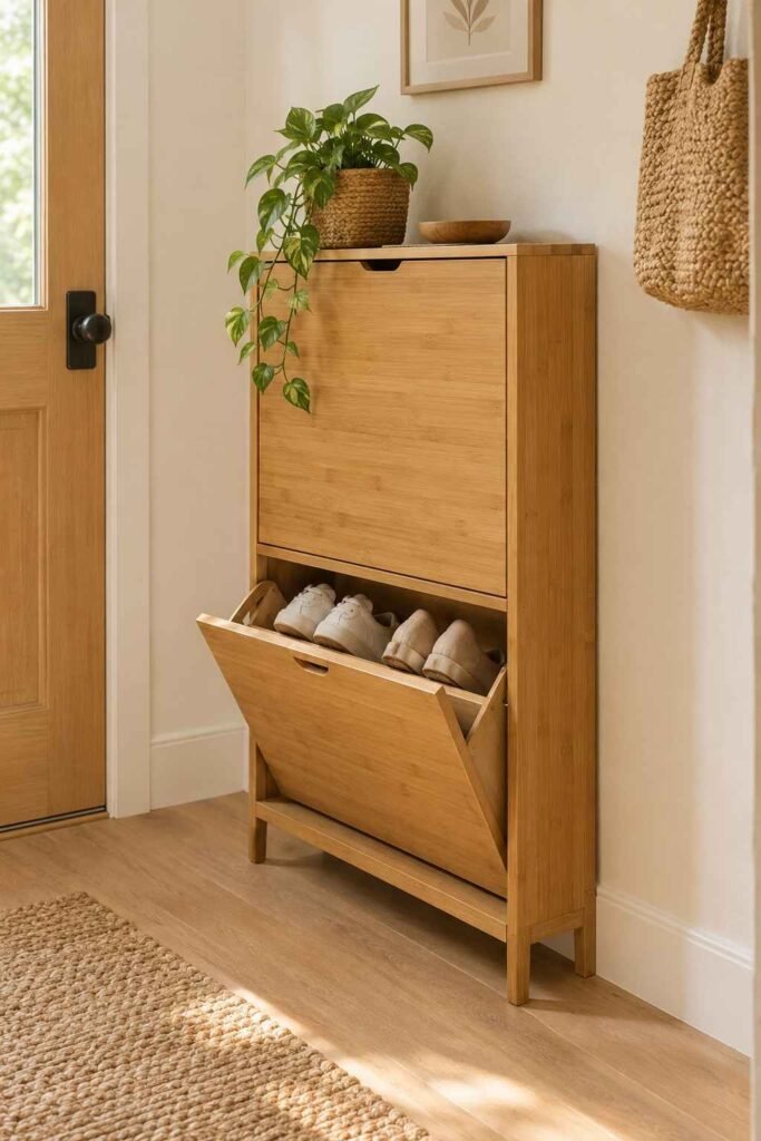 28 Beautiful Bamboo Entryway Storage Ideas for a Tidy, Natural Home 5 Slim bamboo flip-down shoe cabinet with one tilted door open showing angled shoes