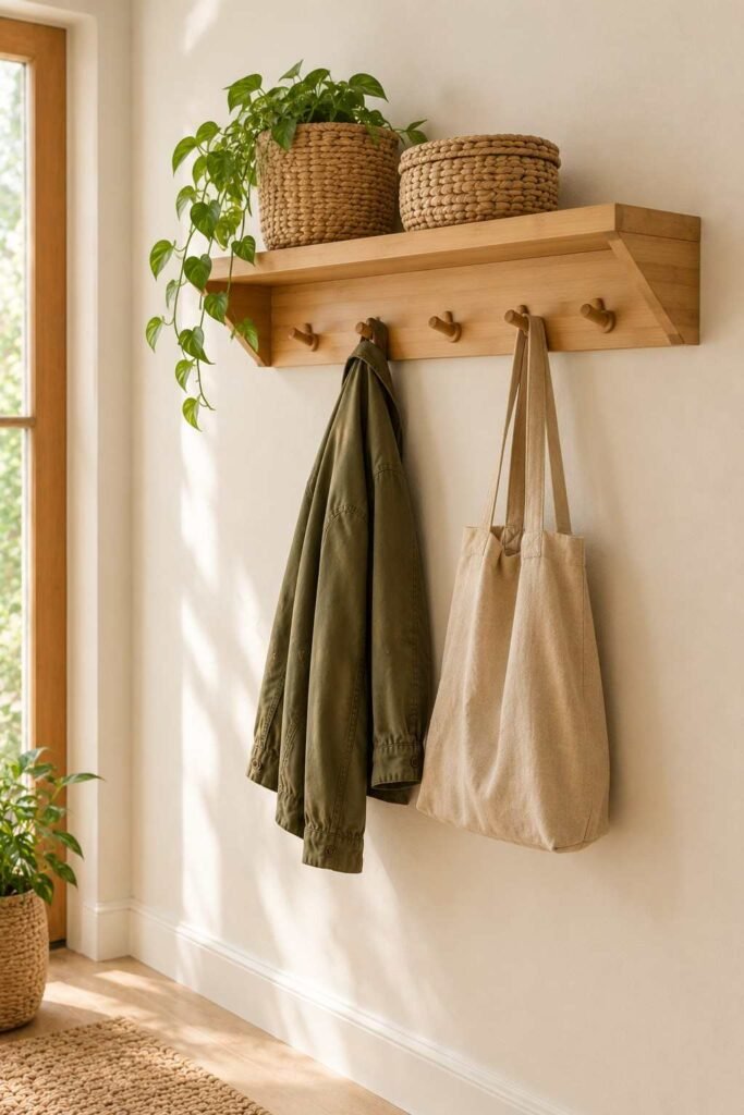 28 Beautiful Bamboo Entryway Storage Ideas for a Tidy, Natural Home 13 Floating bamboo shelf with baskets above and coat hooks below on an entryway wall
