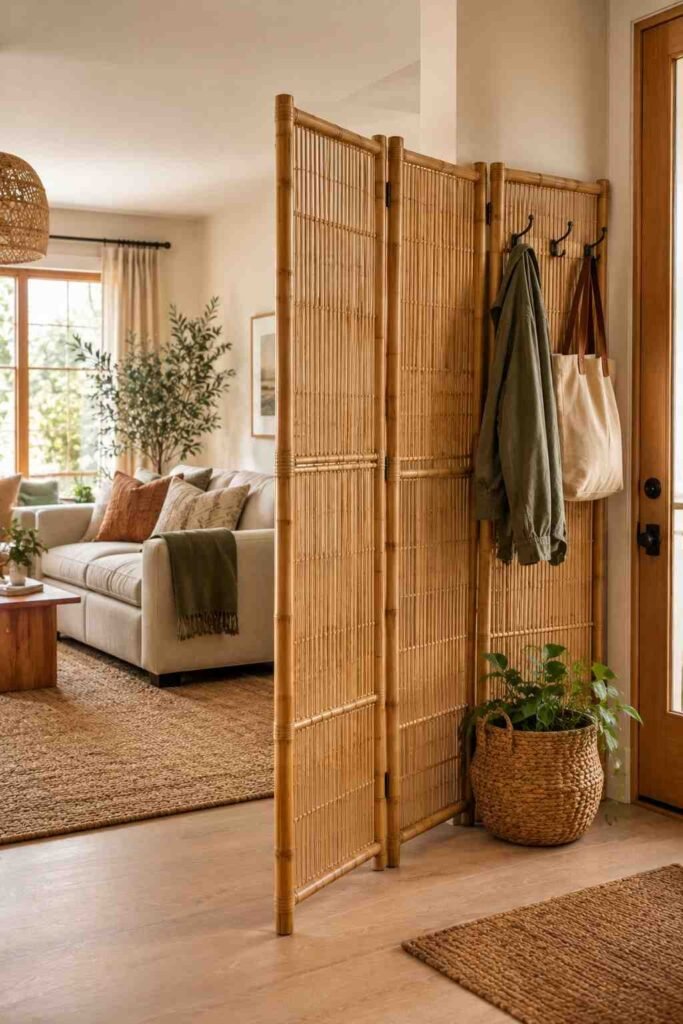 28 Beautiful Bamboo Entryway Storage Ideas for a Tidy, Natural Home 18 Folding bamboo screen with coat hooks dividing the entry area from an open-plan living room