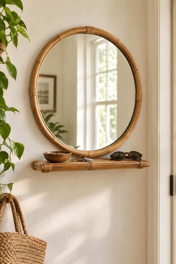 28 Beautiful Bamboo Entryway Storage Ideas for a Tidy, Natural Home 15 Bamboo-framed mirror with a narrow ledge holding a small bowl, keys, and sunglasses