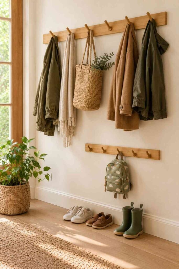 28 Beautiful Bamboo Entryway Storage Ideas for a Tidy, Natural Home 12 Bamboo hook rails at adult and child heights holding coats, a tote, and a small backpack