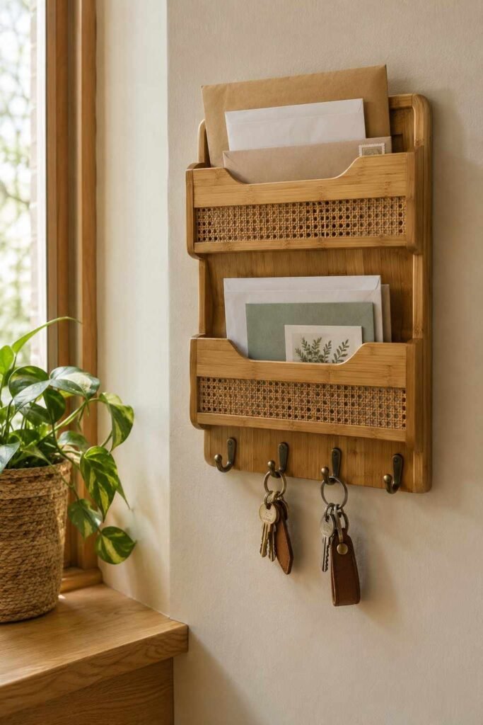 28 Beautiful Bamboo Entryway Storage Ideas for a Tidy, Natural Home 14 Bamboo wall organizer with letter slots and key hooks mounted beside the front door