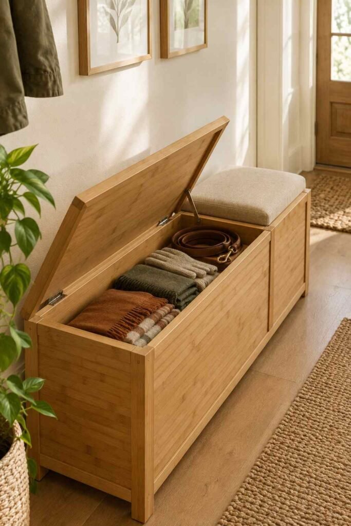 28 Beautiful Bamboo Entryway Storage Ideas for a Tidy, Natural Home 8 Bamboo lift-lid storage bench open to show scarves, gloves, and a dog leash inside