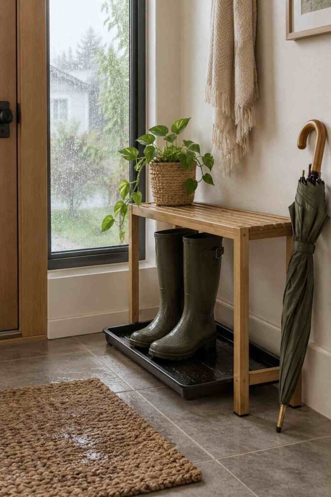 28 Beautiful Bamboo Entryway Storage Ideas for a Tidy, Natural Home 6 Rain boots resting on a bamboo-slat boot tray that keeps water off the entryway floor