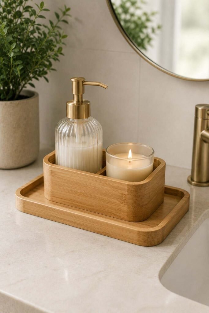 Bamboo tray and caddy with soap and candle on a bathroom counter