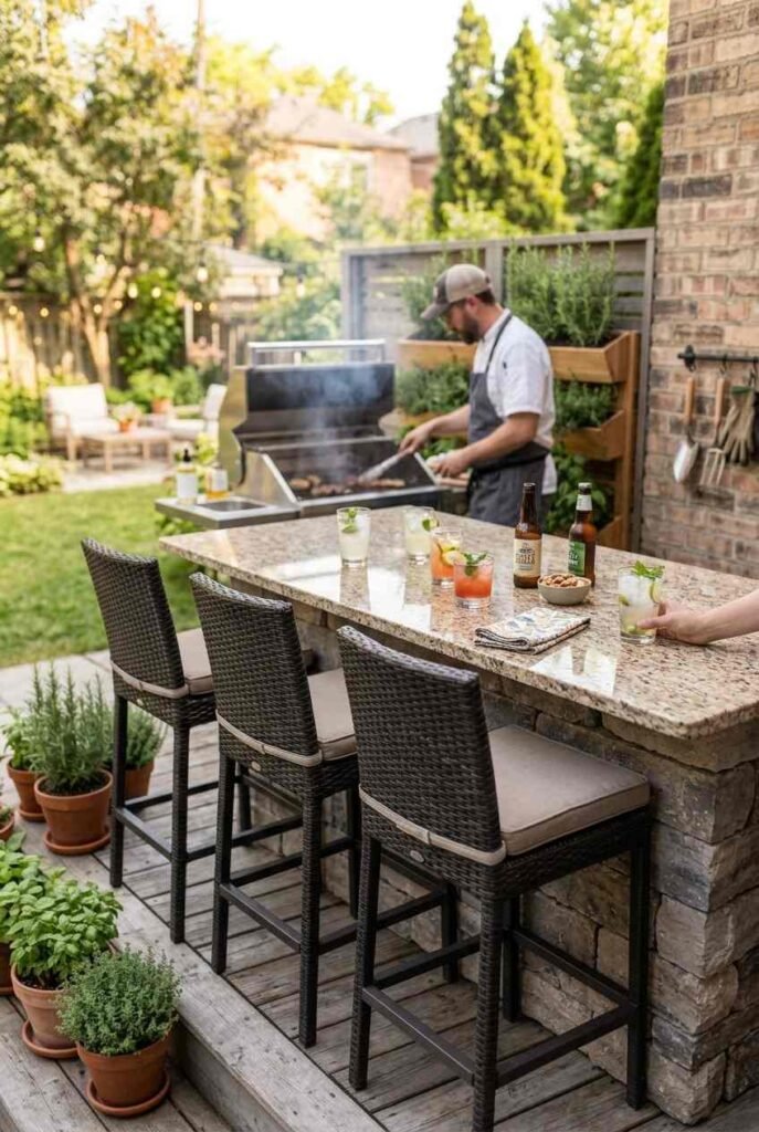Bar-height stools at an outdoor grill island where guests chat with the cook.
