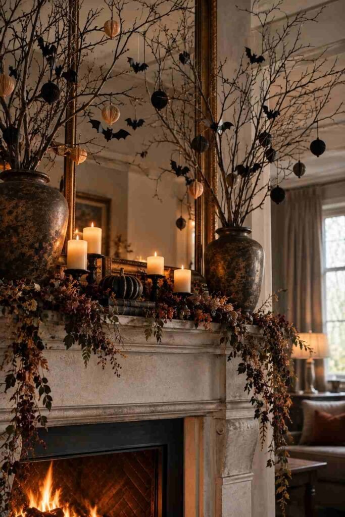 28 Halloween Mantel Decor Ideas: Spooky, Elegant and Family-Friendly Styles 14 Tall bare branches with hanging paper bats in vases on a mantel.